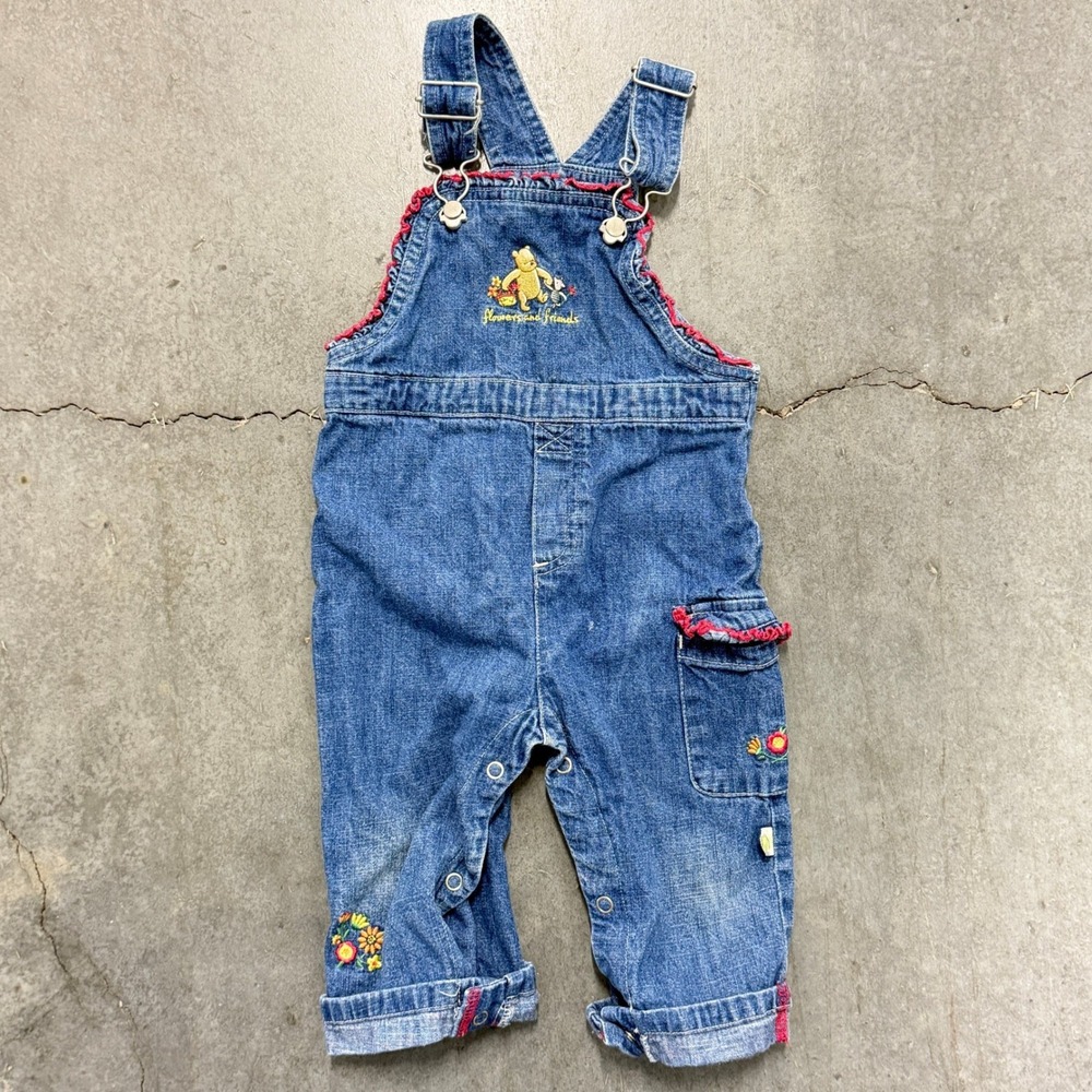 Classic Pooh Denim Overalls Kids 12 Mos Blue Winnie‎ the Pooh Floral Embroidery